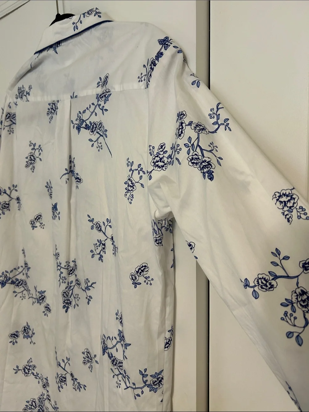 Classic White Nightshirt with Blue Floral Print - Elegant Button-Front Pajama